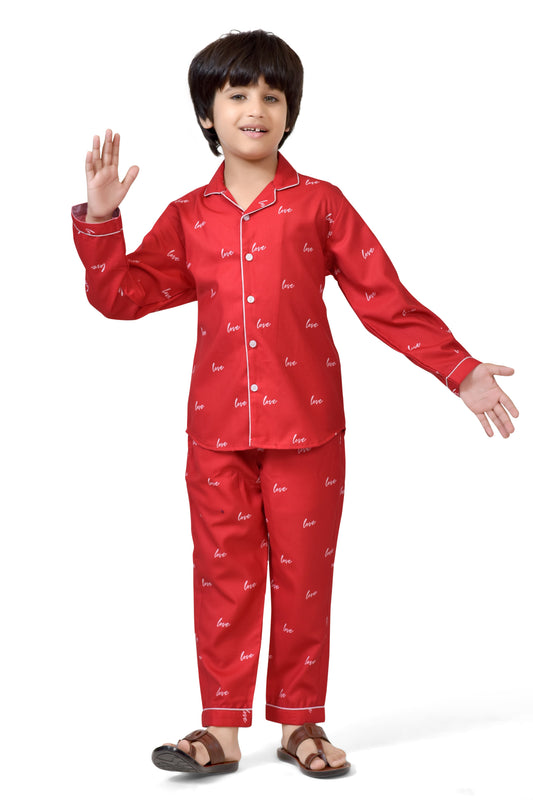 Red Love Print Boys Cotton Night Suit - Full-Length View | CLUB96