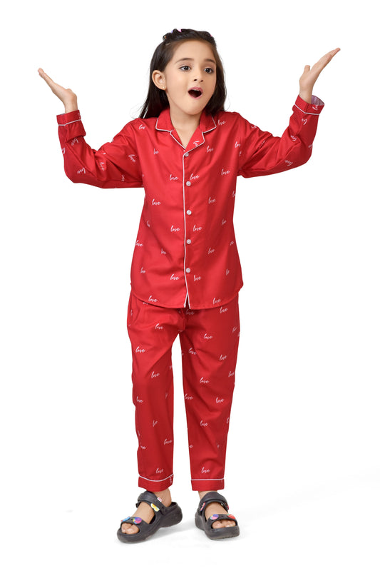 Red Love Print Girls Cotton Night Suit - Full-Length View | CLUB96