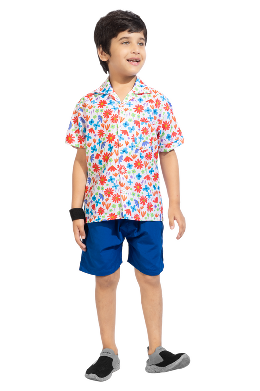 Red Floral Printed Cotton Shirt with Blue Solid Shorts - Front