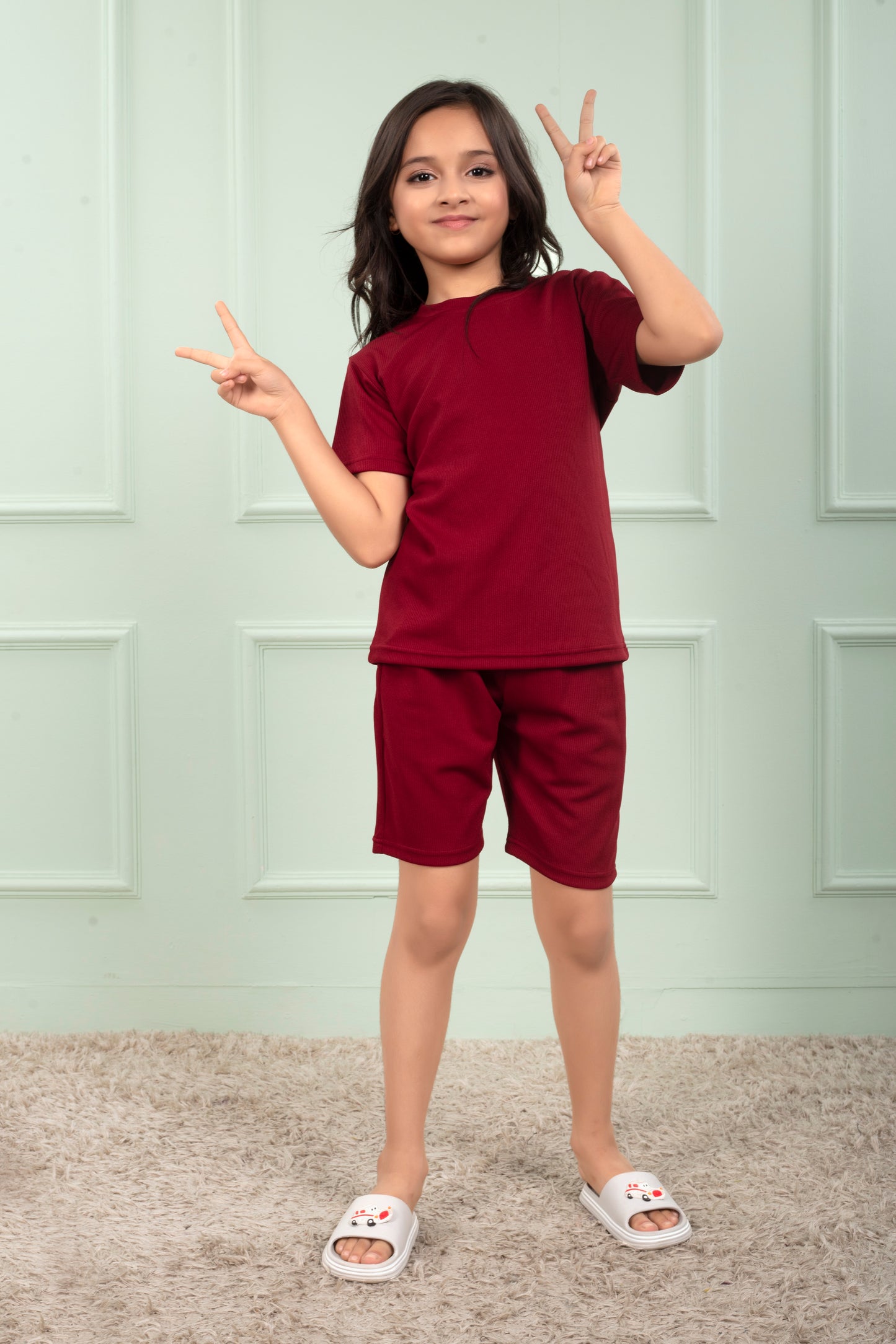 Red_Pure_Cotton_Mario_rib_girls_shorts_co_ord_set - Stylilsh