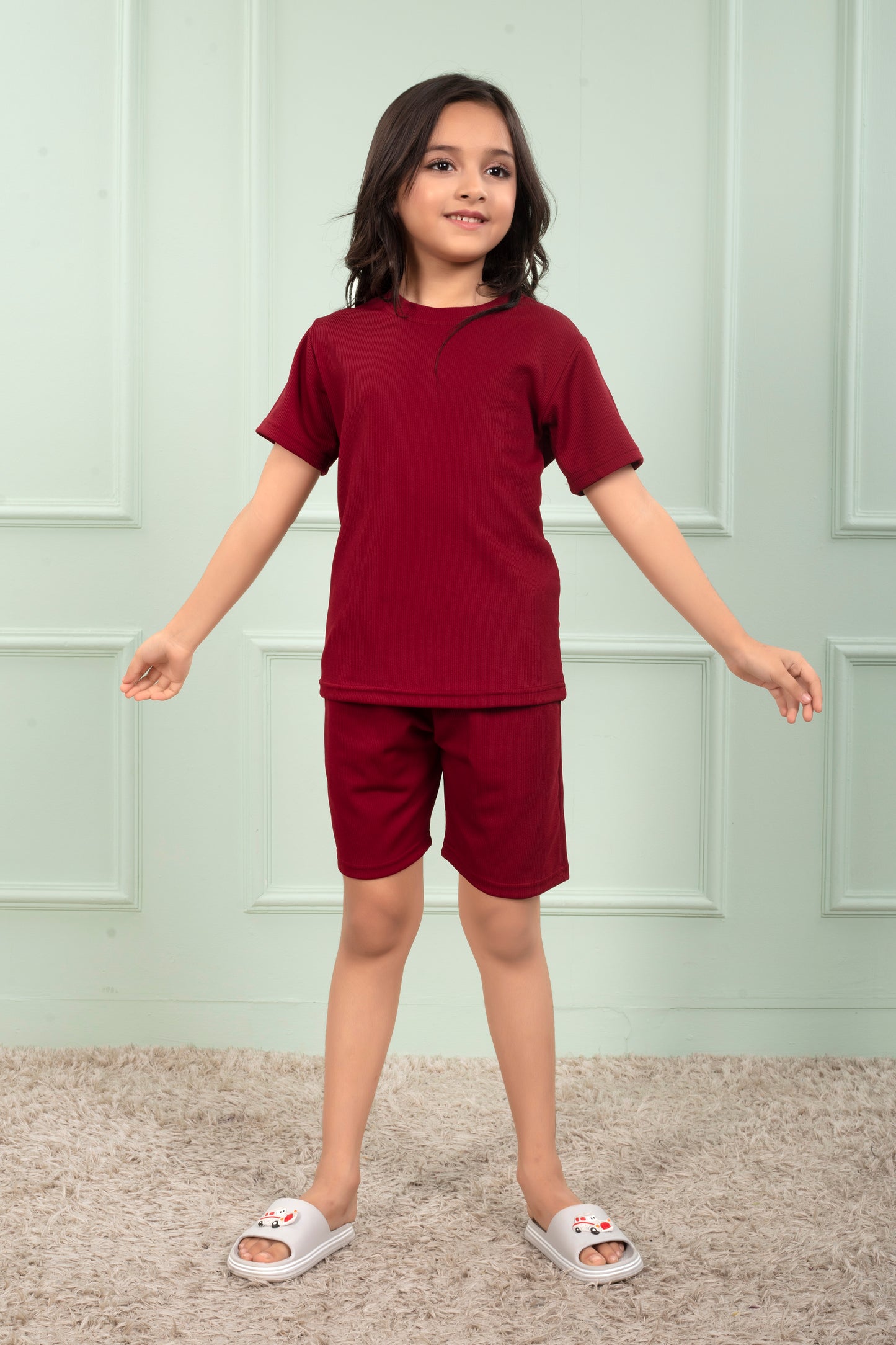 Red_Pure_Cotton_Mario_rib_girls_shorts_co_ord_set - Club96