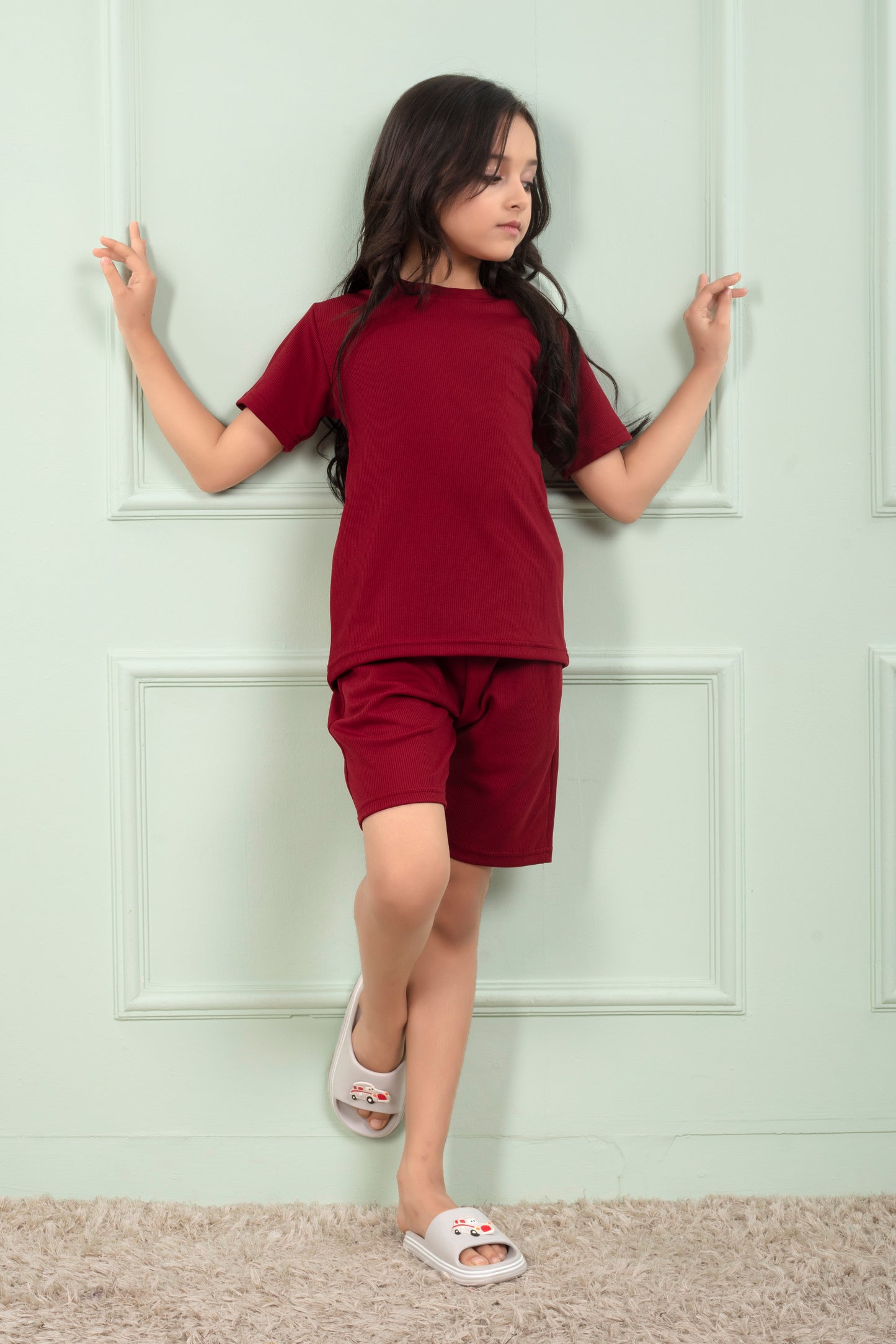 Red_Pure_Cotton_Mario_rib_girls_shorts_co_ord_set - Payjama Set