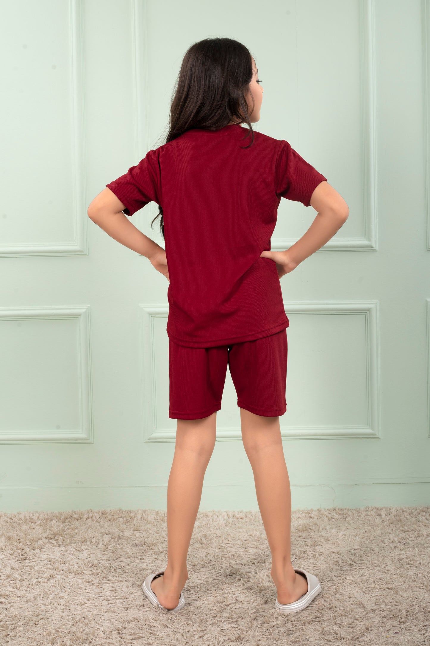 Red_Pure_Cotton_Mario_rib_girls_shorts_co_ord_set - BackView