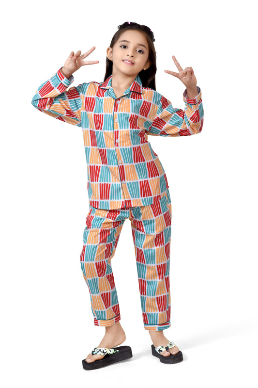 Red and Yellow Color Stripes Long Girls Cotton Pajama Suit - Club96