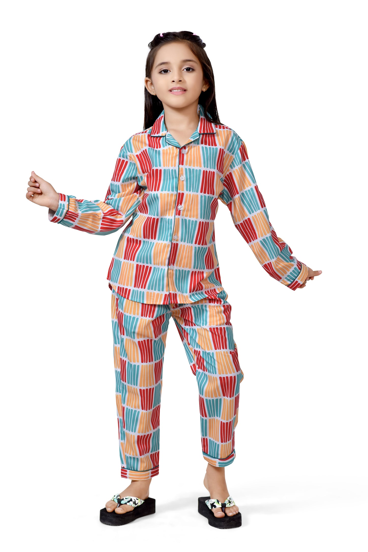 Red and Yellow Color Stripes Long Girls Cotton Pajama Suit - Front