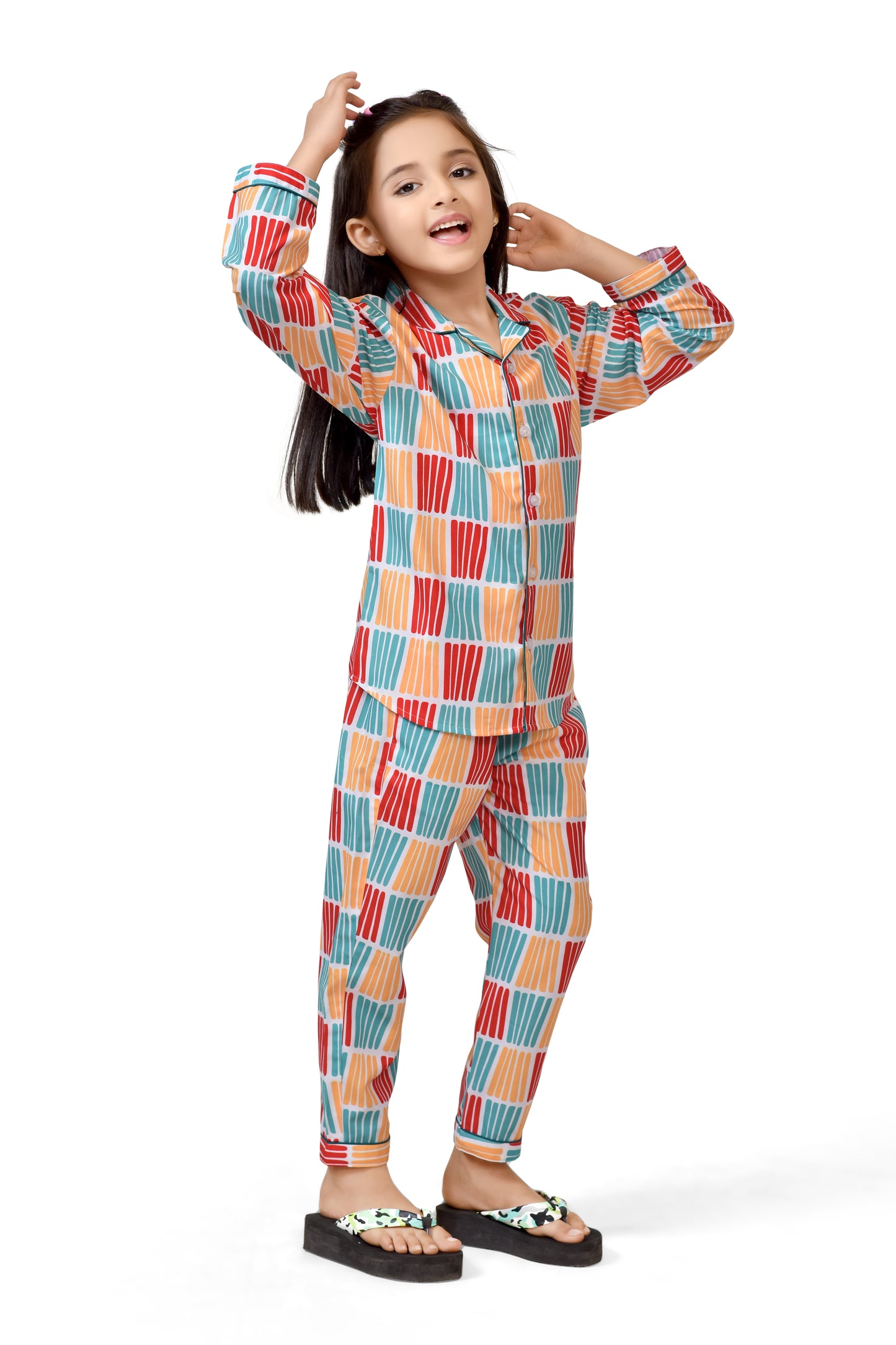 Red and Yellow Color Stripes Long Girls Cotton Pajama Suit - FullSleeve