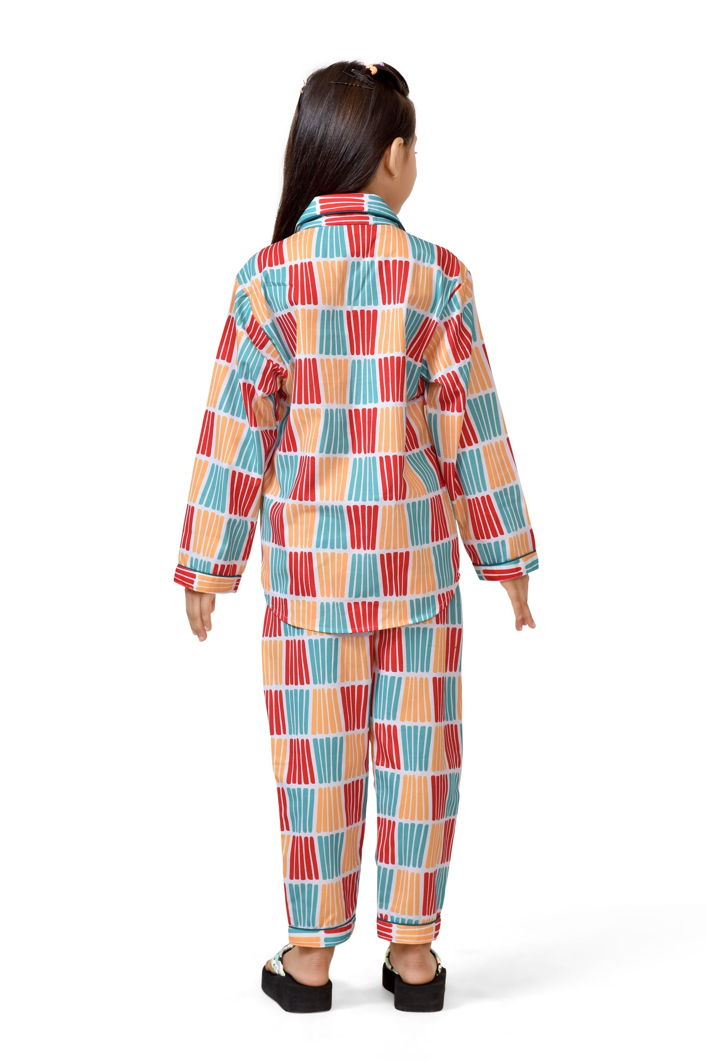Red and Yellow Color Stripes Long Girls Cotton Pajama Suit - Back