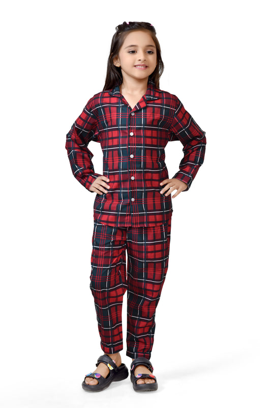 Red & Black Plaid Girls Cotton Night Suit - Full Sleeve Detail | CLUB96