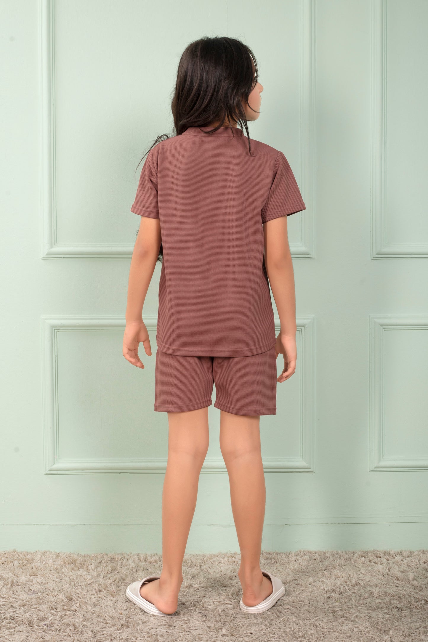 Cotton_waffle_Brown_night_suit_shorts_set_for_Girls - BackView