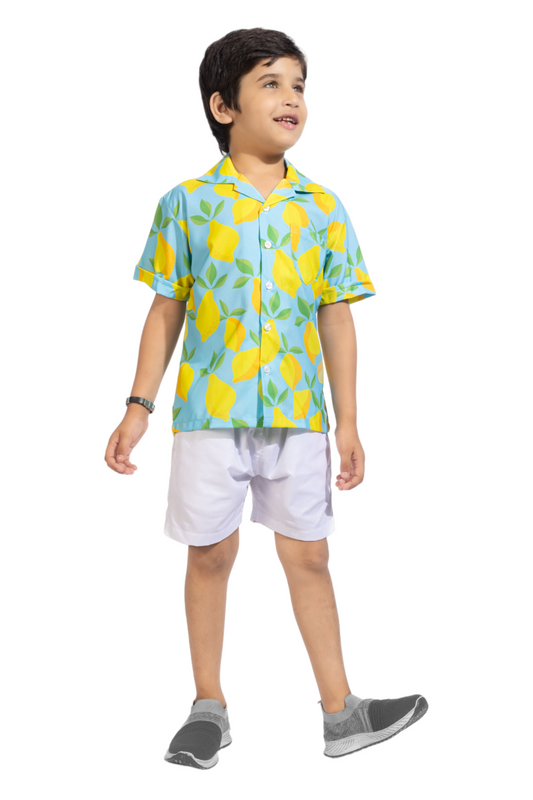 Sky Blue Lemon Printed Cotton Shirt with White Shorts - Front