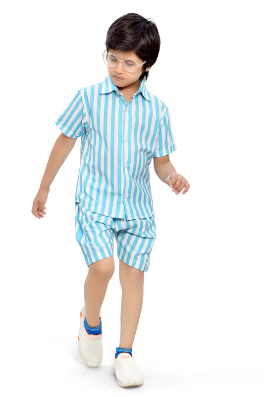 Sky Blue and White Striped Cotton Co-Ord Set for Boys - Club96