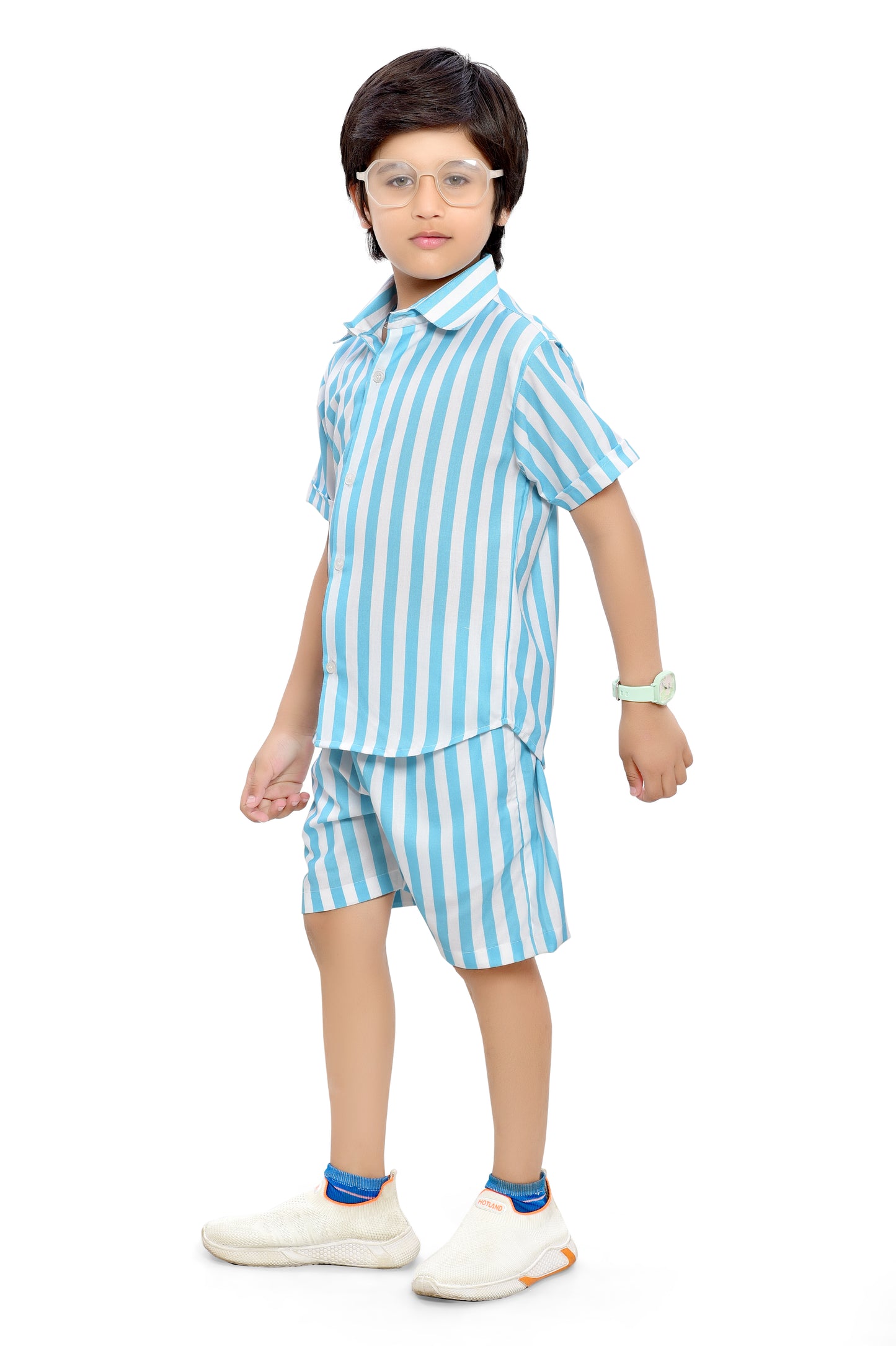 Sky Blue and White Striped Cotton Co-Ord Set for Boys - Front