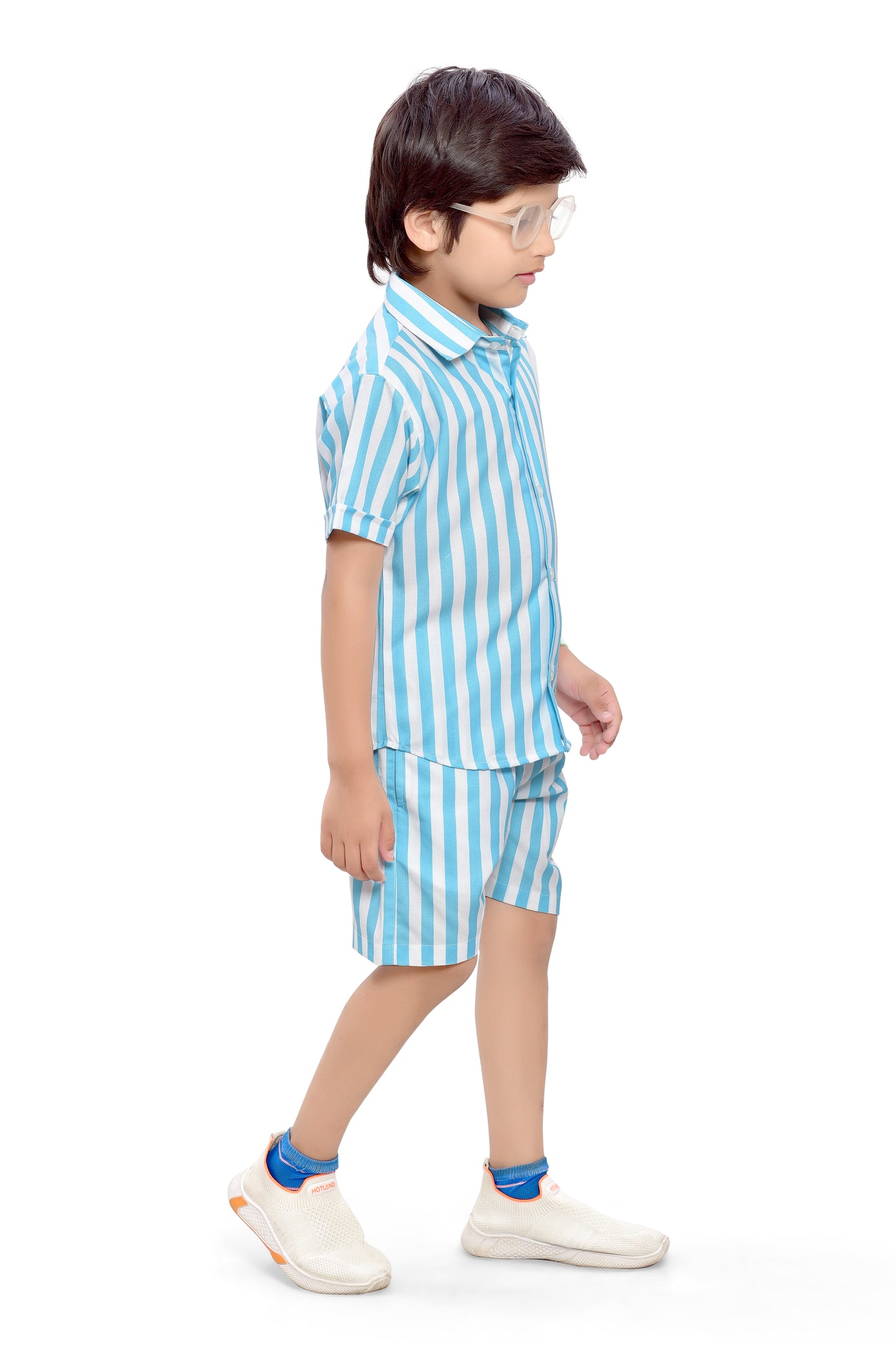 Sky Blue and White Striped Cotton Co-Ord Set for Boys - Stylist