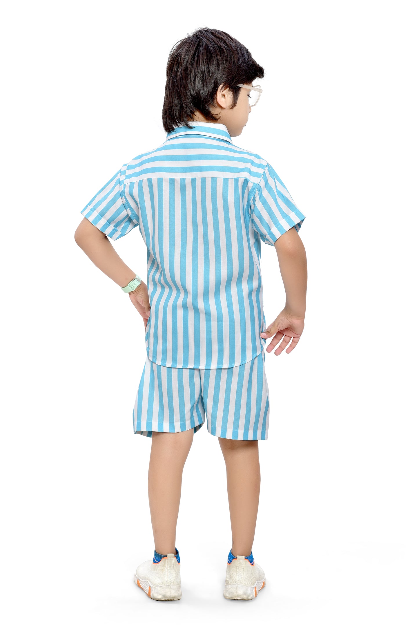 Sky Blue and White Striped Cotton Co-Ord Set for Boys - Back