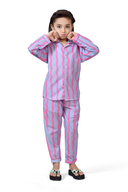 Sky Blue and Pink Stripe Girls Cotton Night Suit - Front View 2 | CLUB96
