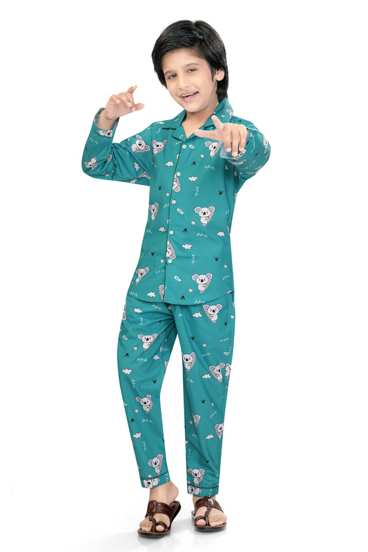 Sky-blue-Teddy-Bear-Printed-Cotton-Nightsuit-Set-FrontView