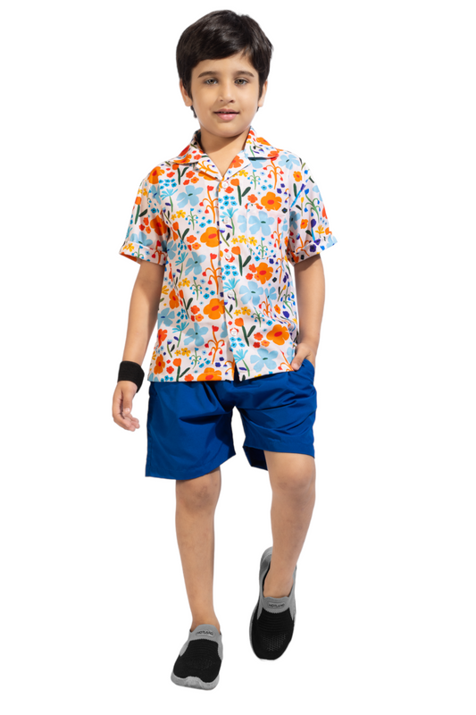 Spring Floral Printed Cotton Shirt with Blue Solid Shorts -Front