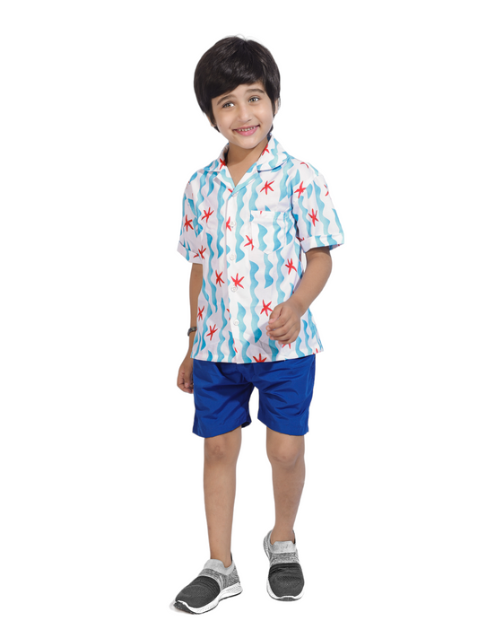 Starfish Beach Waves Printed Cotton Shirt with Blue Shorts - Front