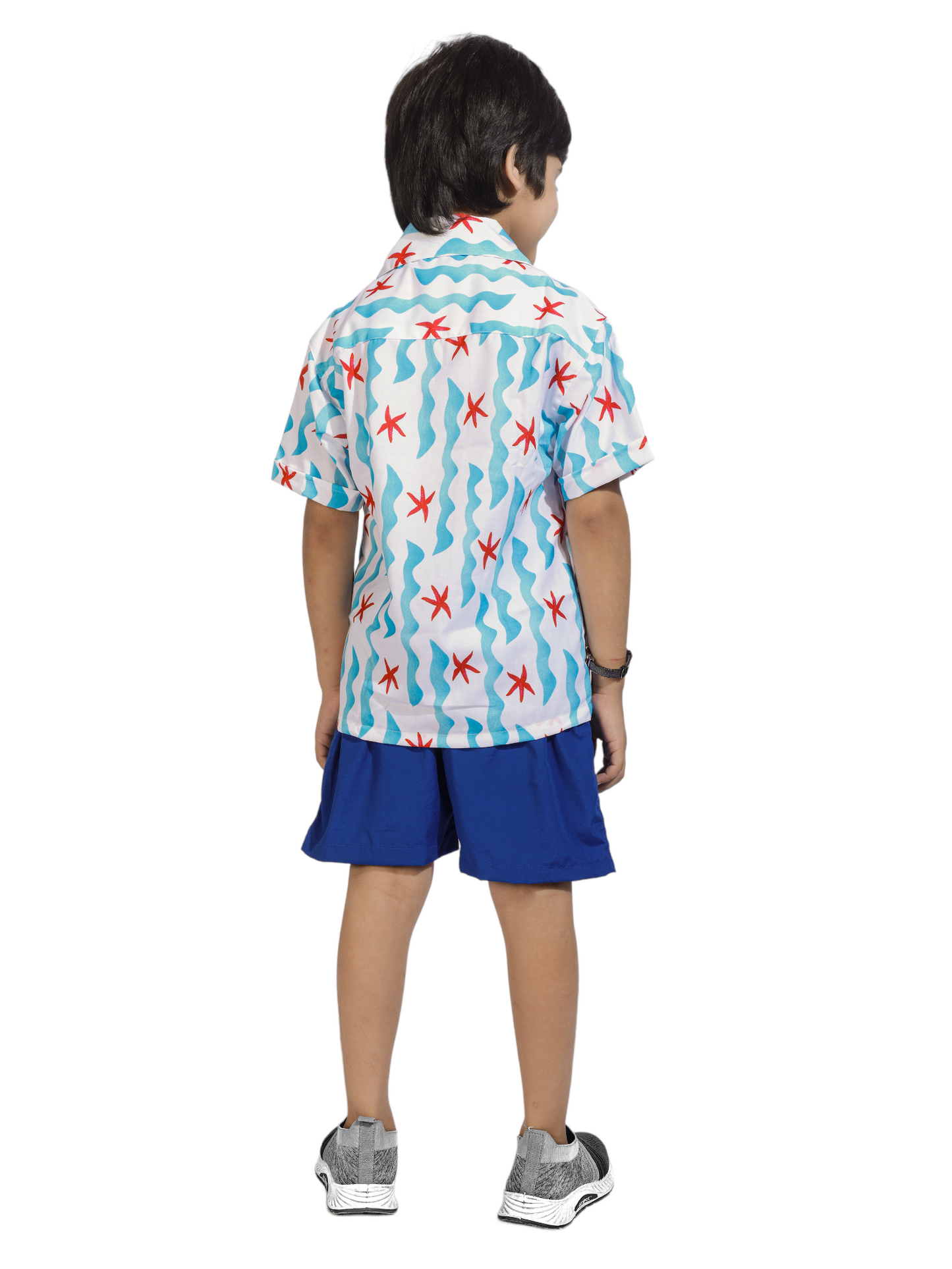 Starfish Beach Waves Printed Cotton Shirt with Blue Shorts - Back