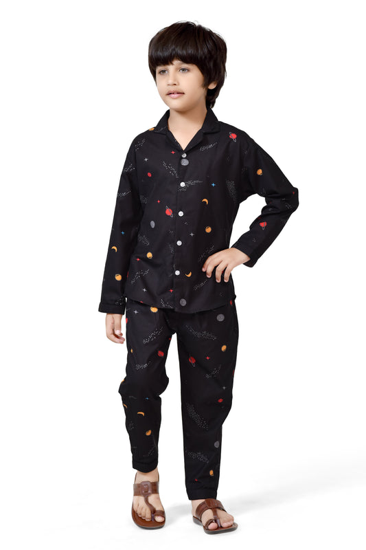 Black Celestial Print Boys Cotton Night Suit - Full-Length View | CLUB96