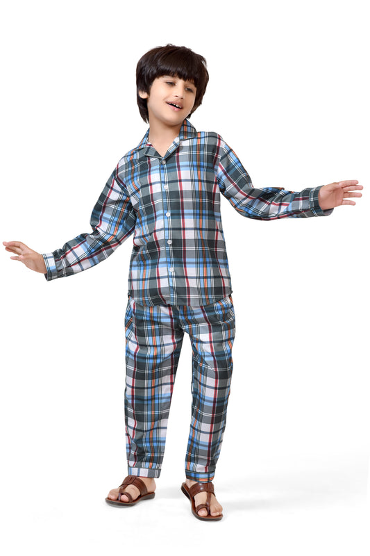 Blue & Grey Checks Boys Cotton Night Suit - Full-Length View | CLUB96
