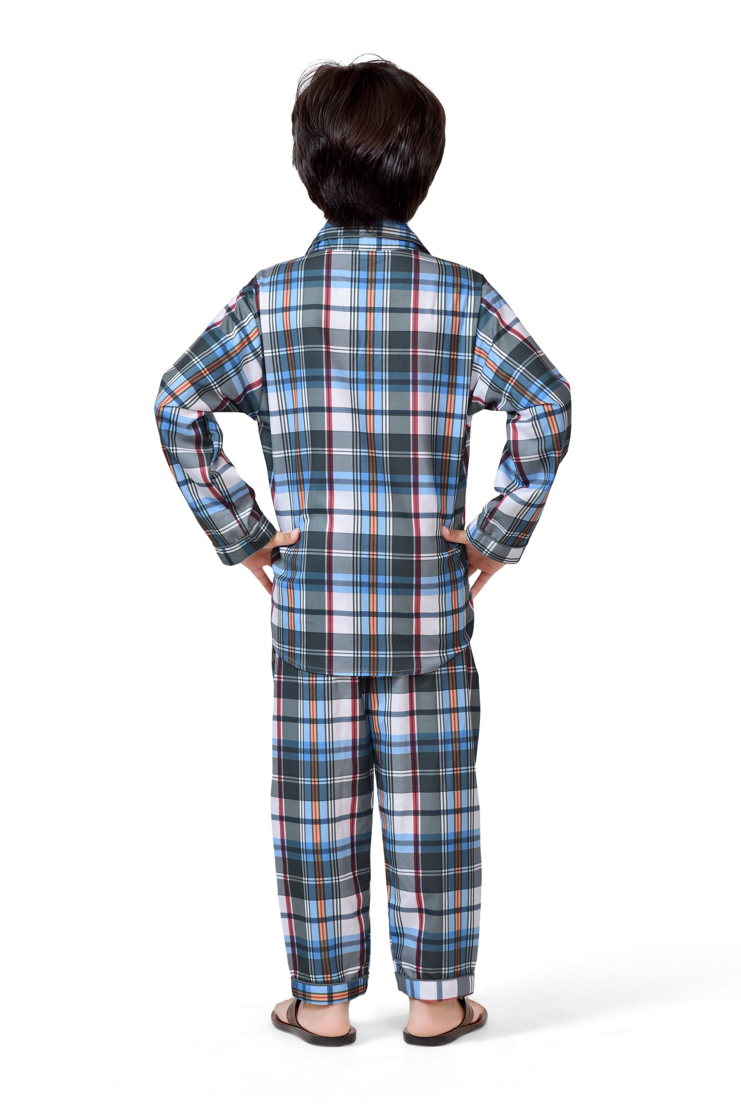 Blue and Grey Checks Printed Stylish Boys Night Dress - Back Side