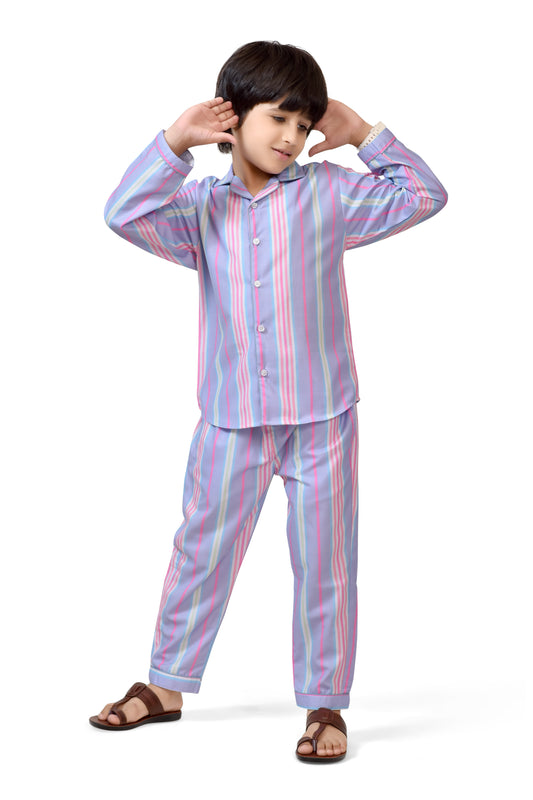 Lavender Pastel Stripe Boys Cotton Night Suit - Full-Length View | CLUB96