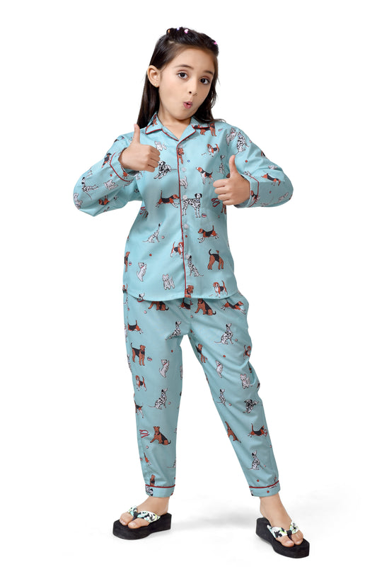 Sky Blue Puppy Print Girls Cotton Night Suit - Full-Length View | CLUB96