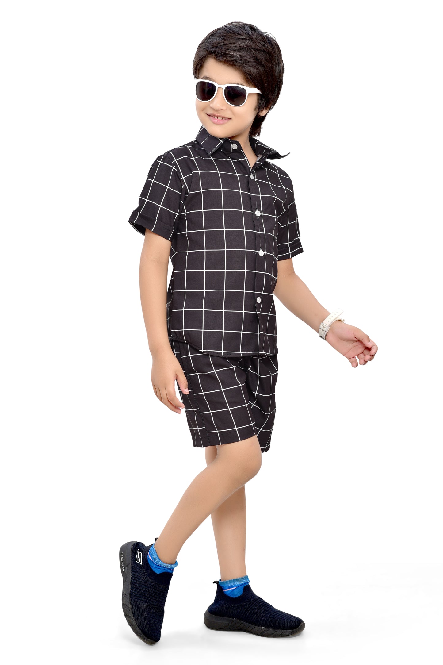 Stylish Black Big Checks Printed Cotton Co-Ord Set for Boys - Front