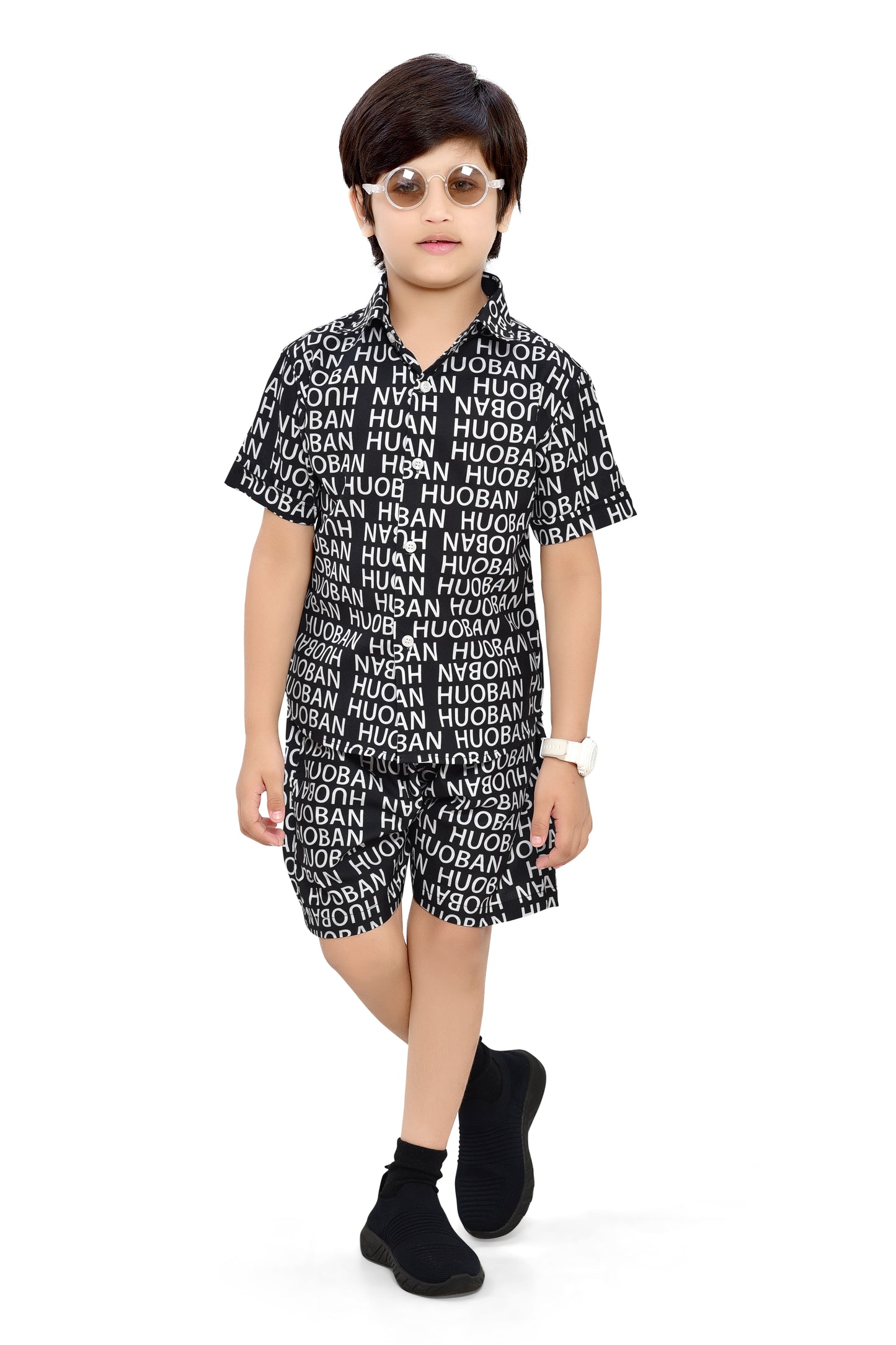 Stylish Black Text Printed Cotton Boys Co-Ord Set