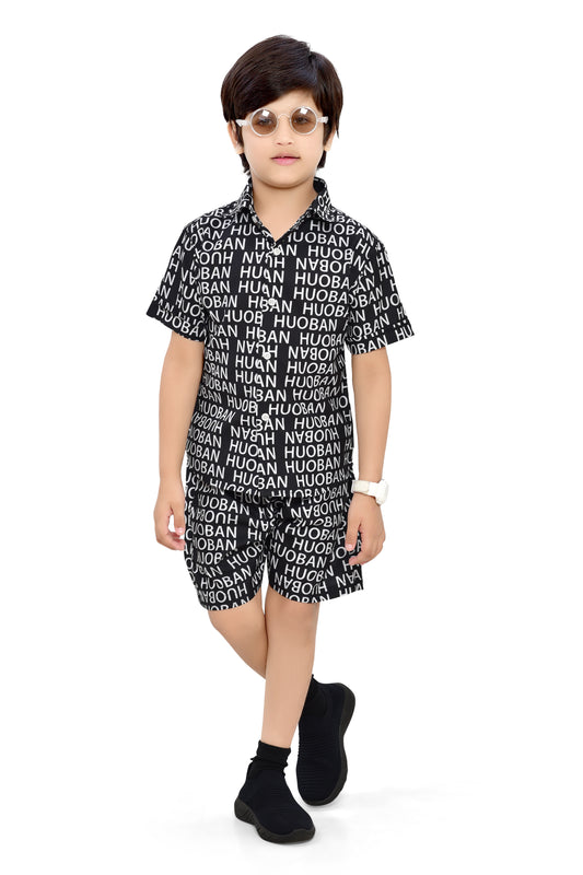Stylish Black Text Printed Cotton Boys Co-Ord Set