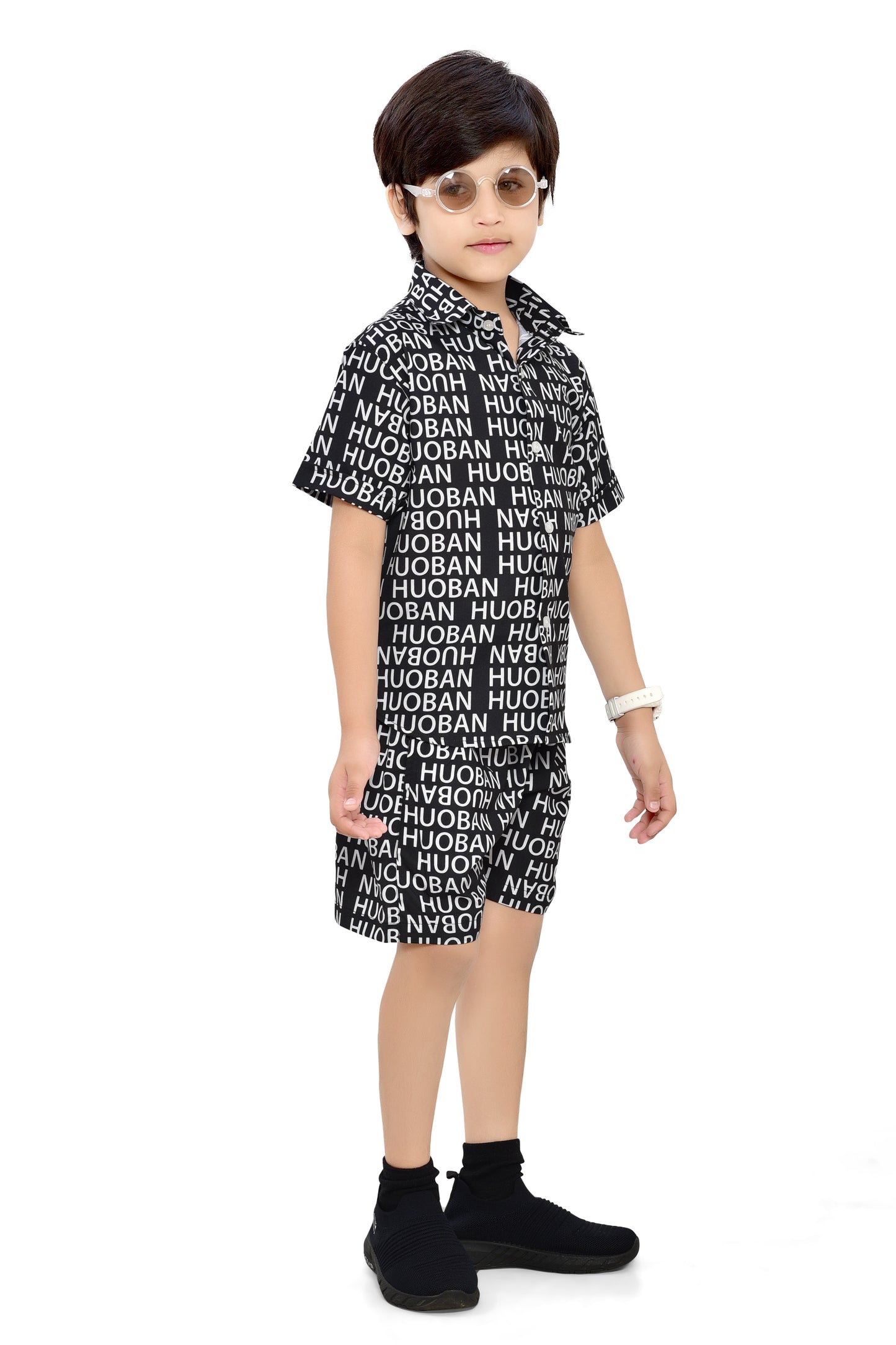 Stylish Black Text Printed Cotton Boys Co-Ord Set - Front