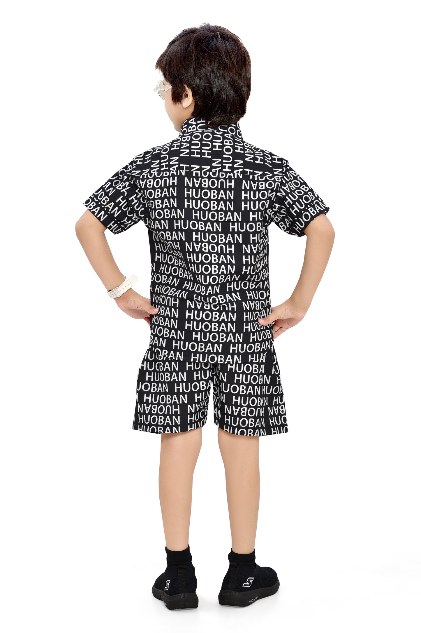Stylish Black Text Printed Cotton Boys Co-Ord Set - Back