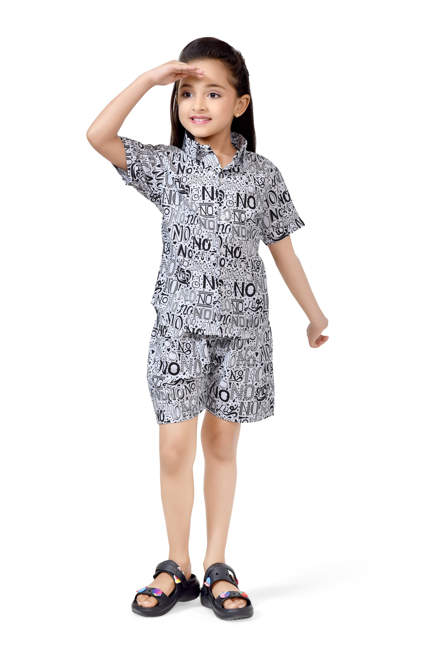 Stylish Black and White Text Printed Girls Cotton Co-Ord Sets - Club96