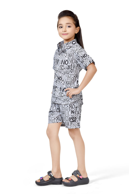 Stylish Black and White Text Printed Girls Cotton Co-Ord Sets - Front