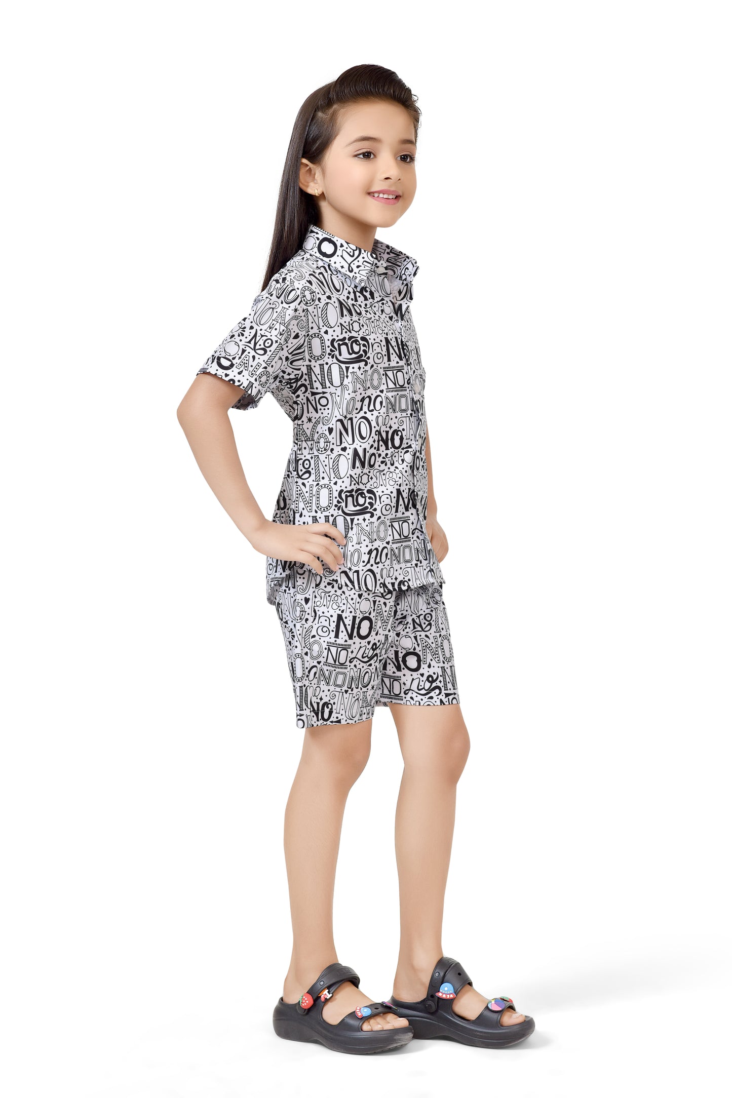 Stylish Black and White Text Printed Girls Cotton Co-Ord Sets - Stylist