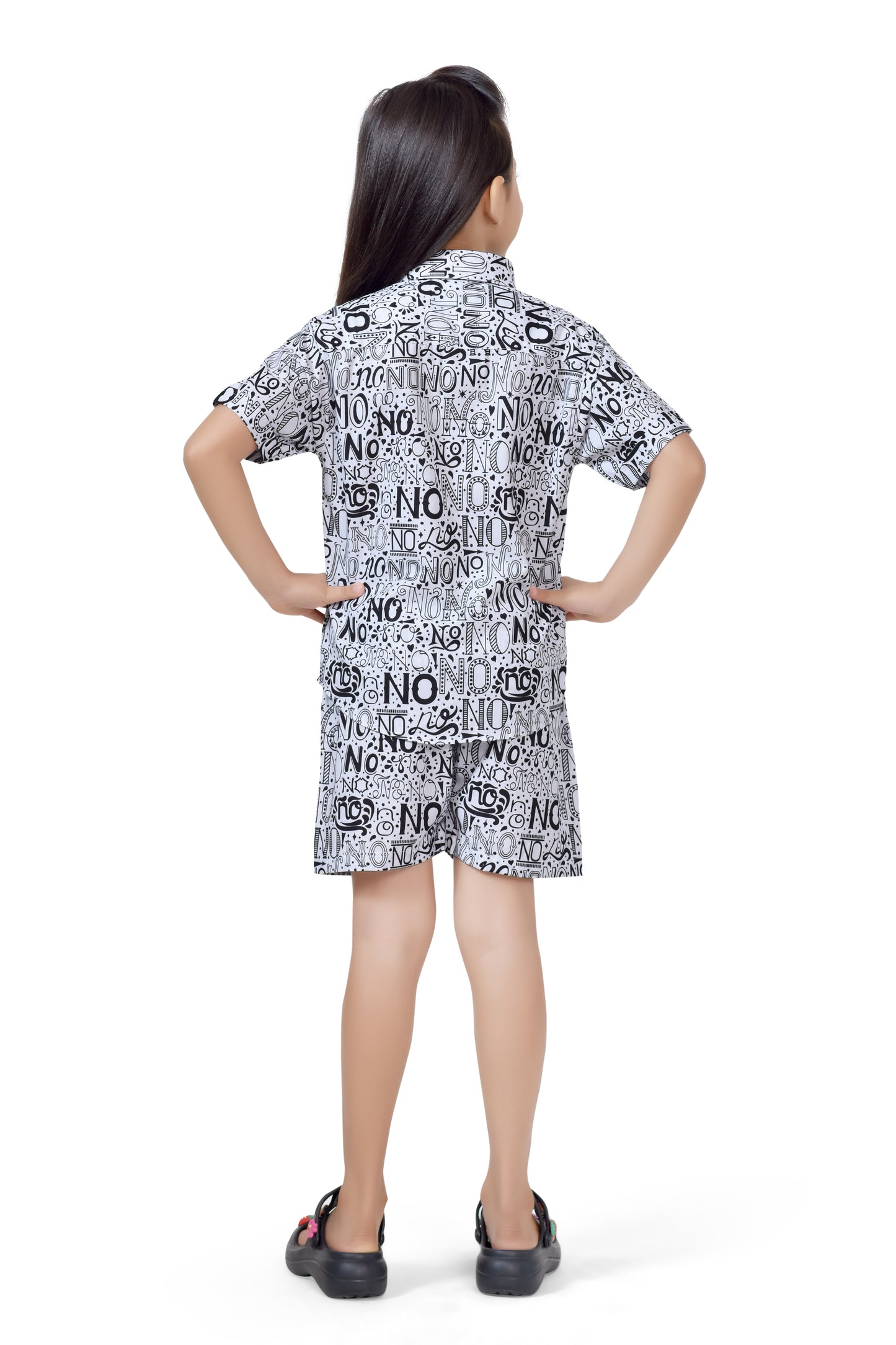 Stylish Black and White Text Printed Girls Cotton Co-Ord Sets - Back