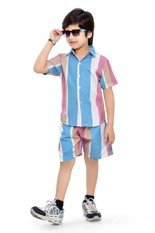 Stylish Pastel Striped Printed Cotton Co-Ord Set for Boys - Club96