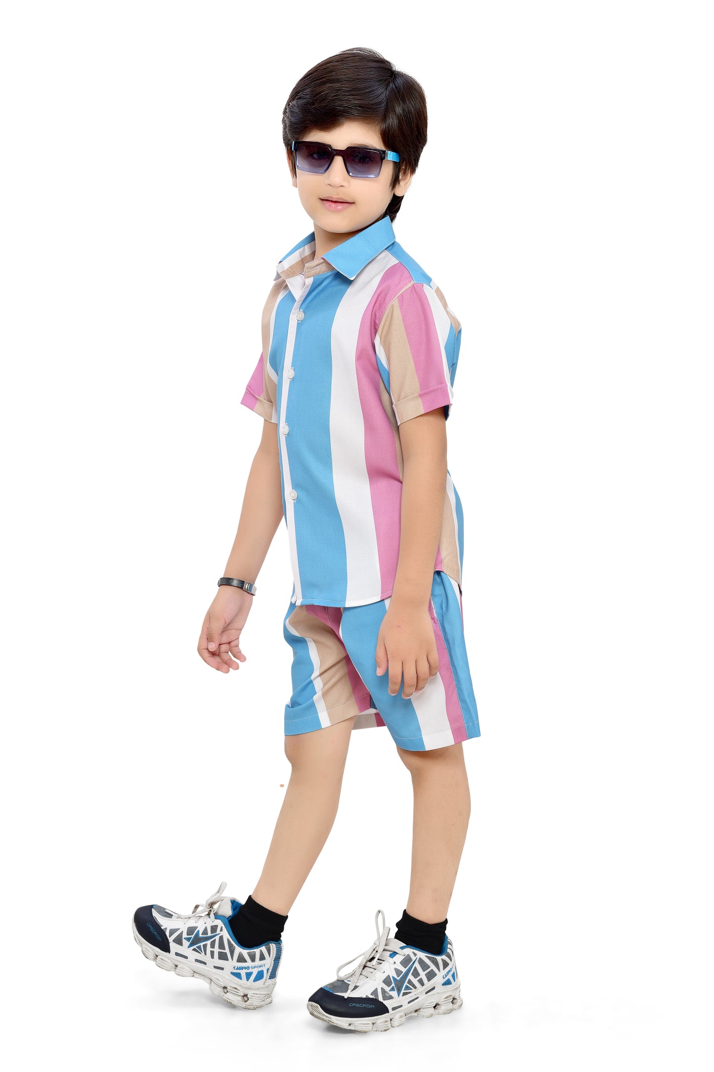 Stylish Pastel Striped Printed Cotton Co-Ord Set for Boys - Front