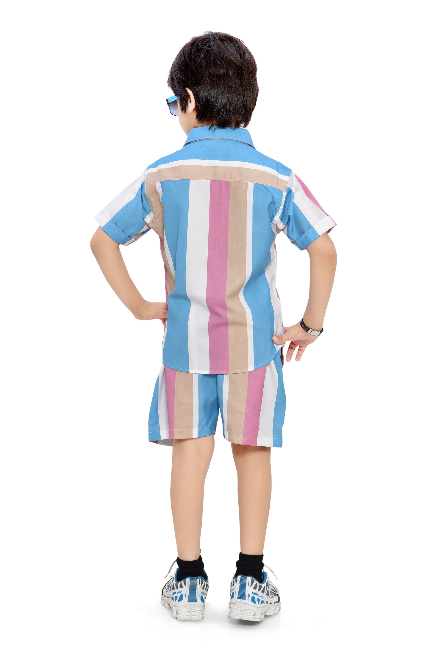 Stylish Pastel Striped Printed Cotton Co-Ord Set for Boys - Back