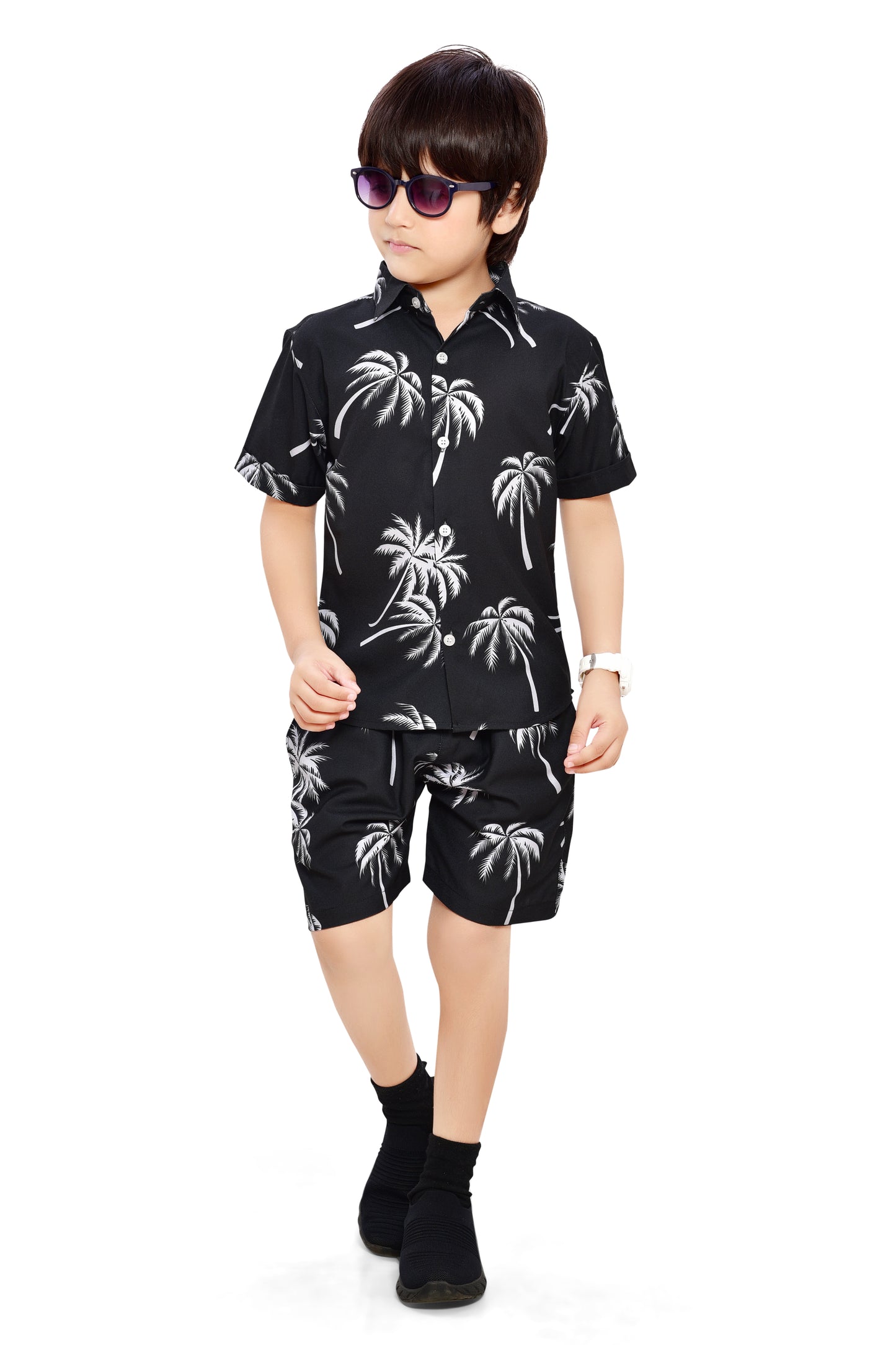 Summer Style Coconut Tree Printed Black Co-Ord Set for Boys - Club96