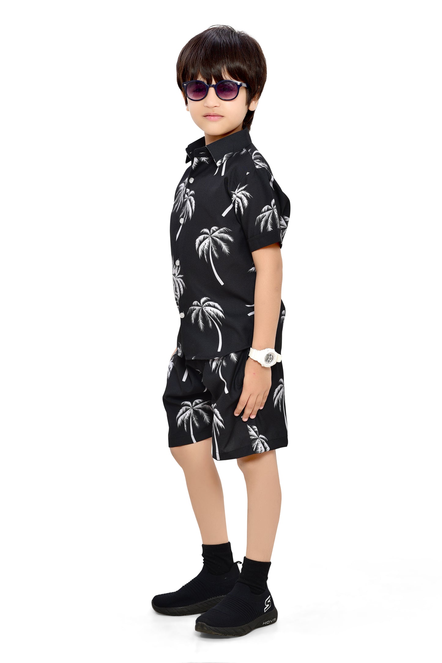 Summer Style Coconut Tree Printed Black Co-Ord Set for Boys - Stylist Co-Ord Set