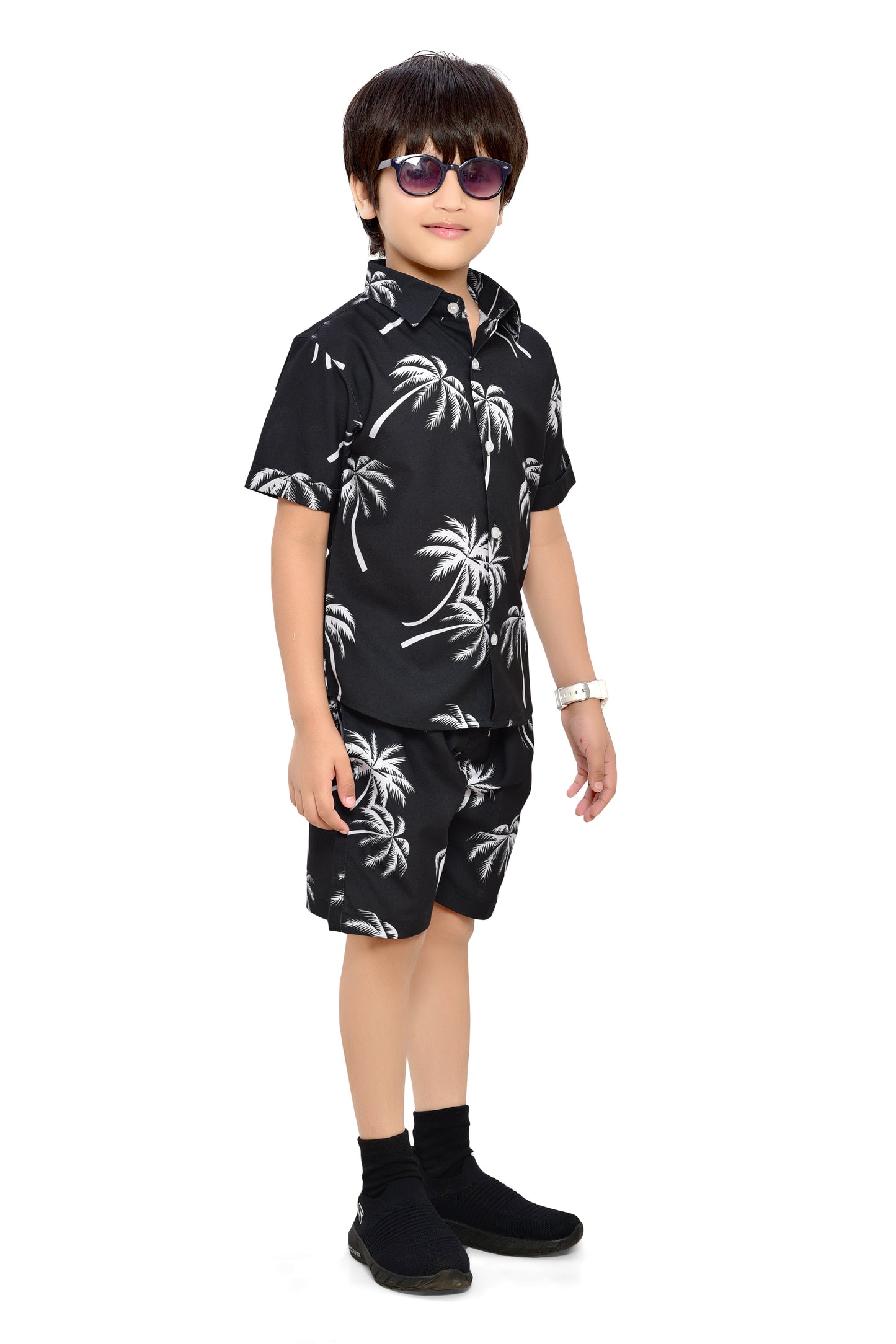 Summer Style Coconut Tree Printed Black Co-Ord Set for Boys - Front