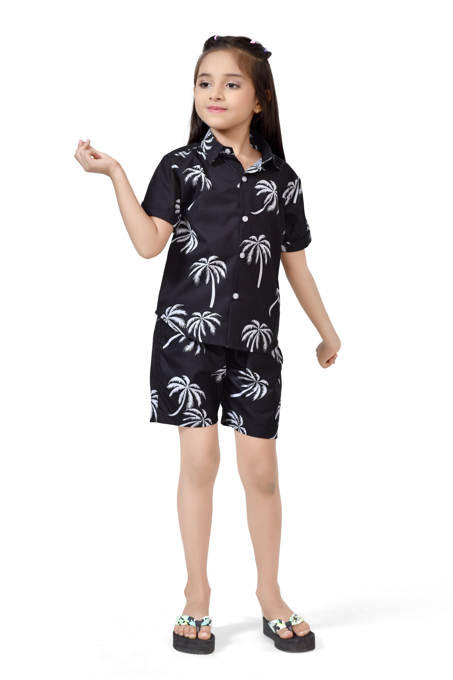 Summer Vibes Coconut Tree Printed Girls Black Co-Ord Set - Club96