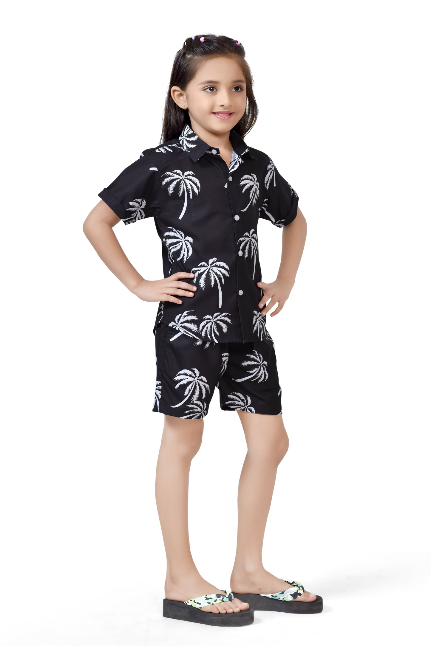 Summer Vibes Coconut Tree Printed Girls Black Co-Ord Set - Front