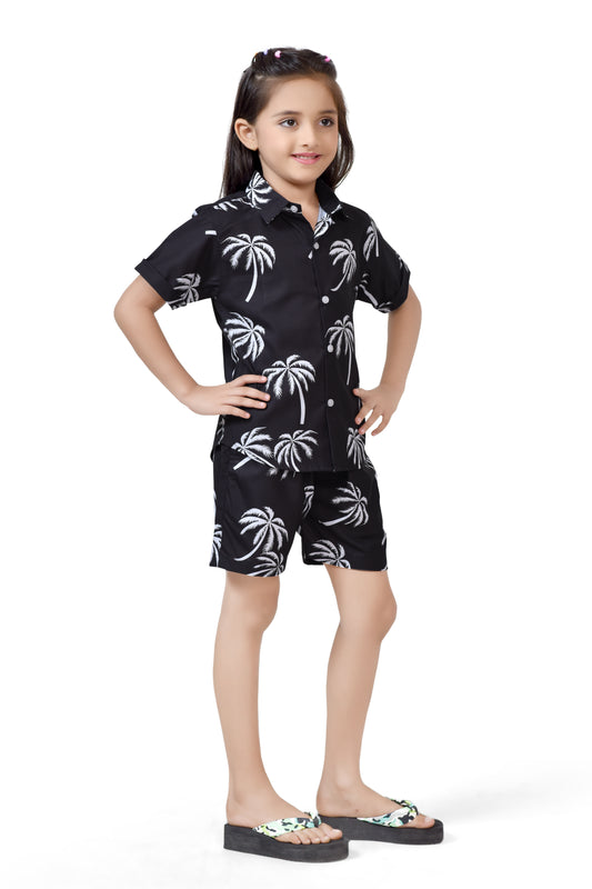 Summer Vibes Coconut Tree Printed Girls Black Co-Ord Set - Front