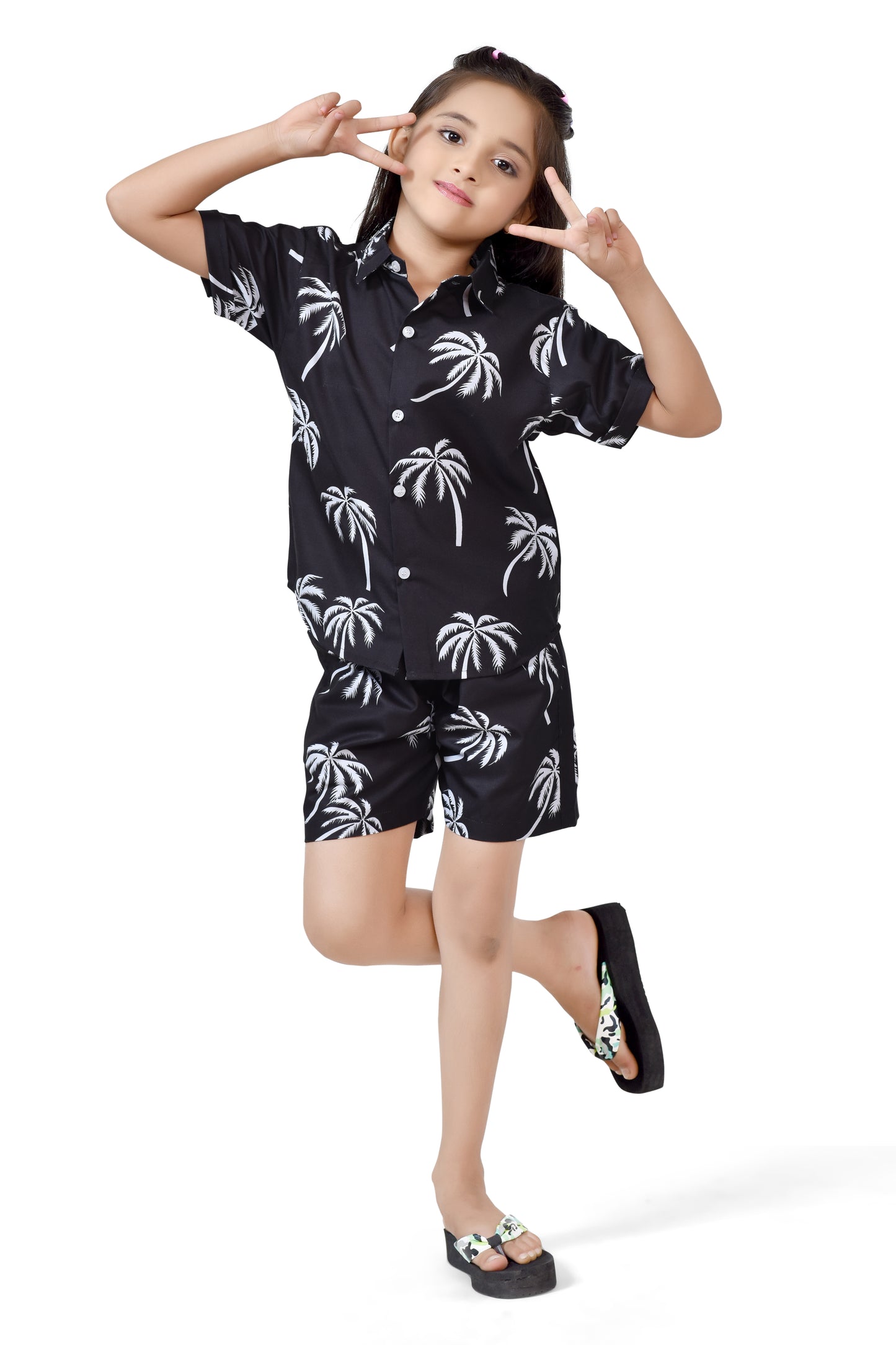 Summer Vibes Coconut Tree Printed Girls Black Co-Ord Set - Stylist