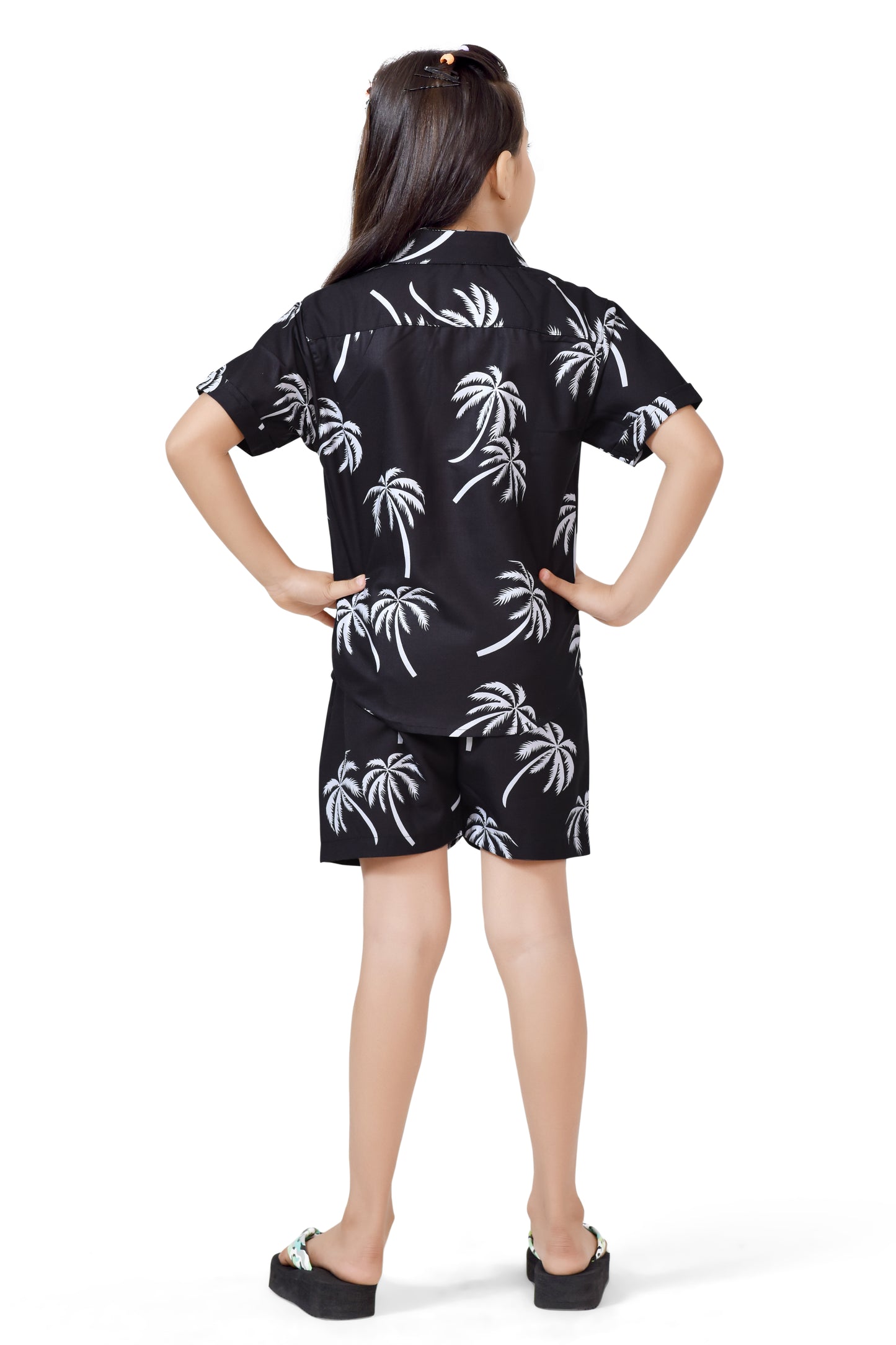 Summer Vibes Coconut Tree Printed Girls Black Co-Ord Set - Back