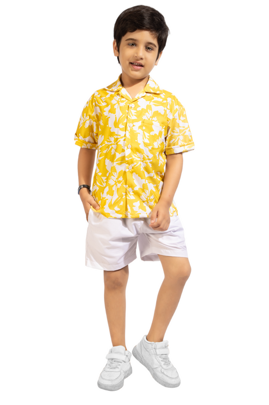 Sunshine Yellow Digital Printed Cotton Shirt and Shorts Combo - Front