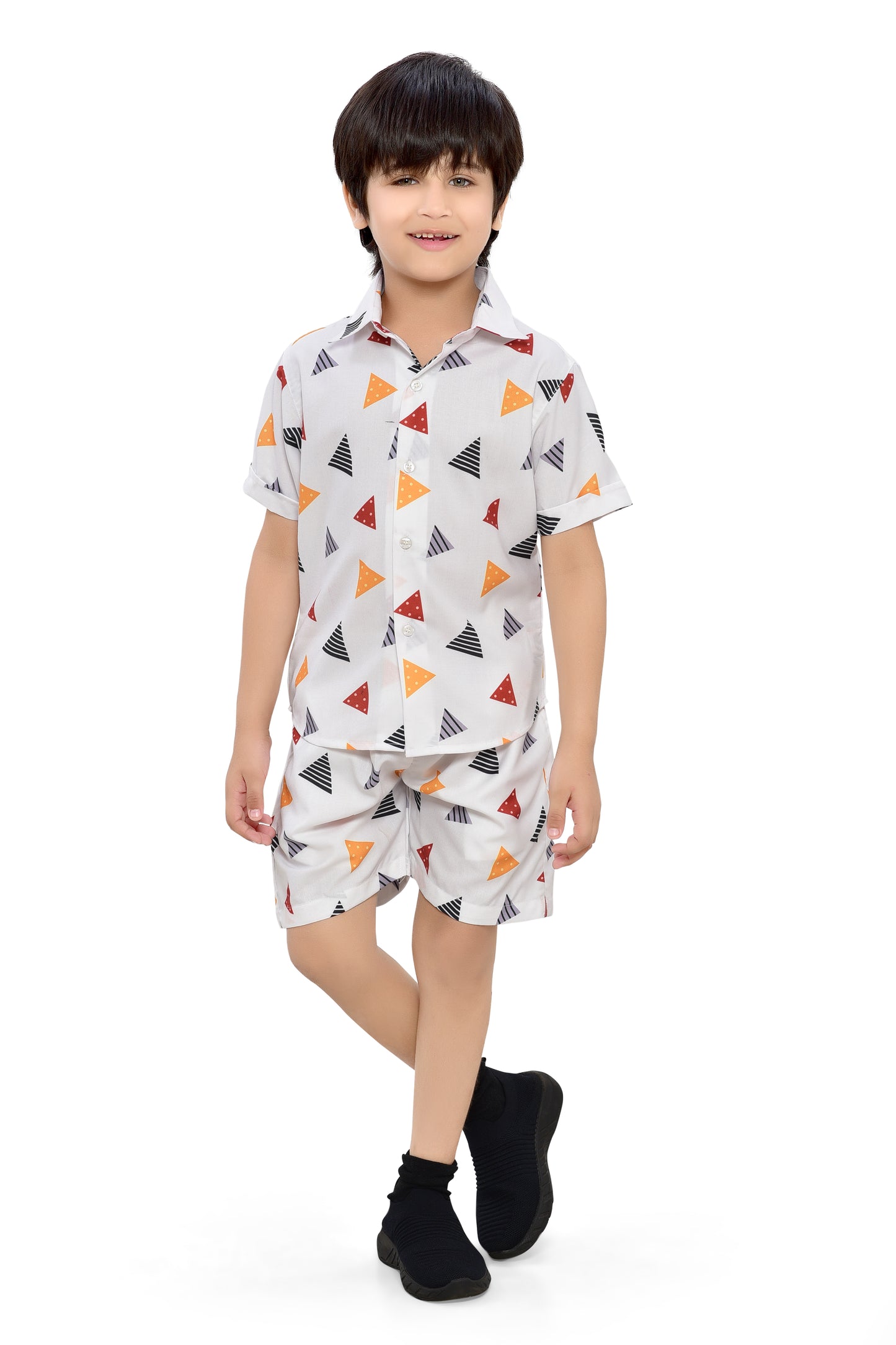 Triangle Pirnted White Summer Co-Ord Set for Boys - Club96